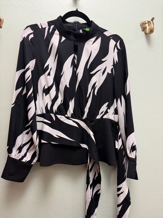 Gracia Tops - Gracia Black and Light Pink Abstract Tie-Waist Blouse